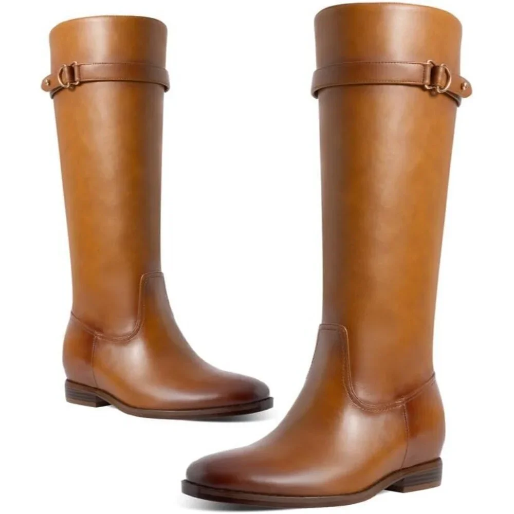 Women's 3/brown Flat Round Toe Low Heel Comfortable Side Zipper Knee High Boots